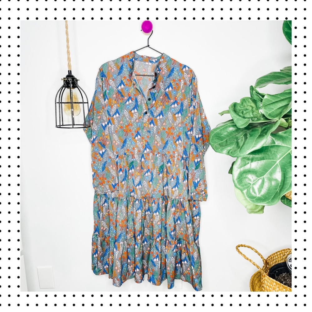NWOT Bohemian Long-Sleeve Floral Tiered Midi Dress L